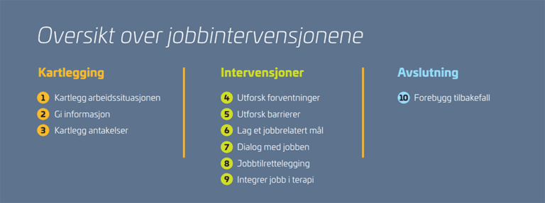 Bildet viser en oversikt over jobbintervensjonene i jobbfokusert behandling