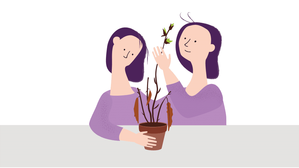 To damer ser på en plante. En av damene har fokus på den visne delen, den andre har fokus på den grønne, spirende delen.