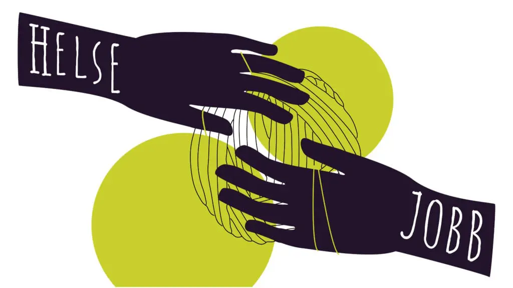 To hender som holder i et garnnøste som skal vise at helse og jobb henger tett sammen