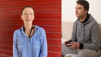 Ungdomsveileder i Nav, Malin Eggerud og en gutt som sitter i sofaen og spiller