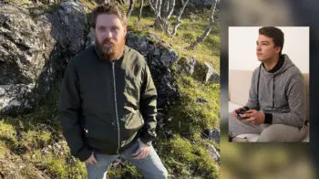 Ung mann med skjegg ute med et berg og gress i bakgrunnen. I innfelt bilde: Ung mann som spiller TV-spill.