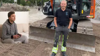 Mann ved gravemaskin, med innfelt bilde av ung mann som spiller dataspill