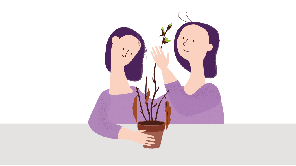 To damer ser på en plante. En av damene har fokus på den visne delen, den andre har fokus på den grønne, spirende delen.